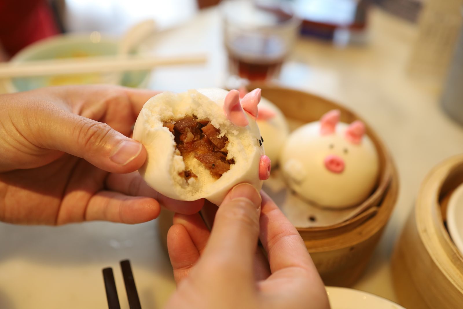  BBQ Piggy Bun(一籠八戒) with Char siu (叉燒) as ingredient, which literally means "fork roasted"